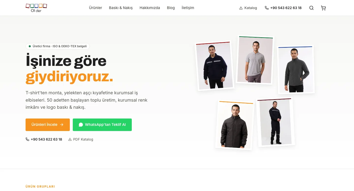 Ol der İş Elbiseleri web sitesi ana sayfası