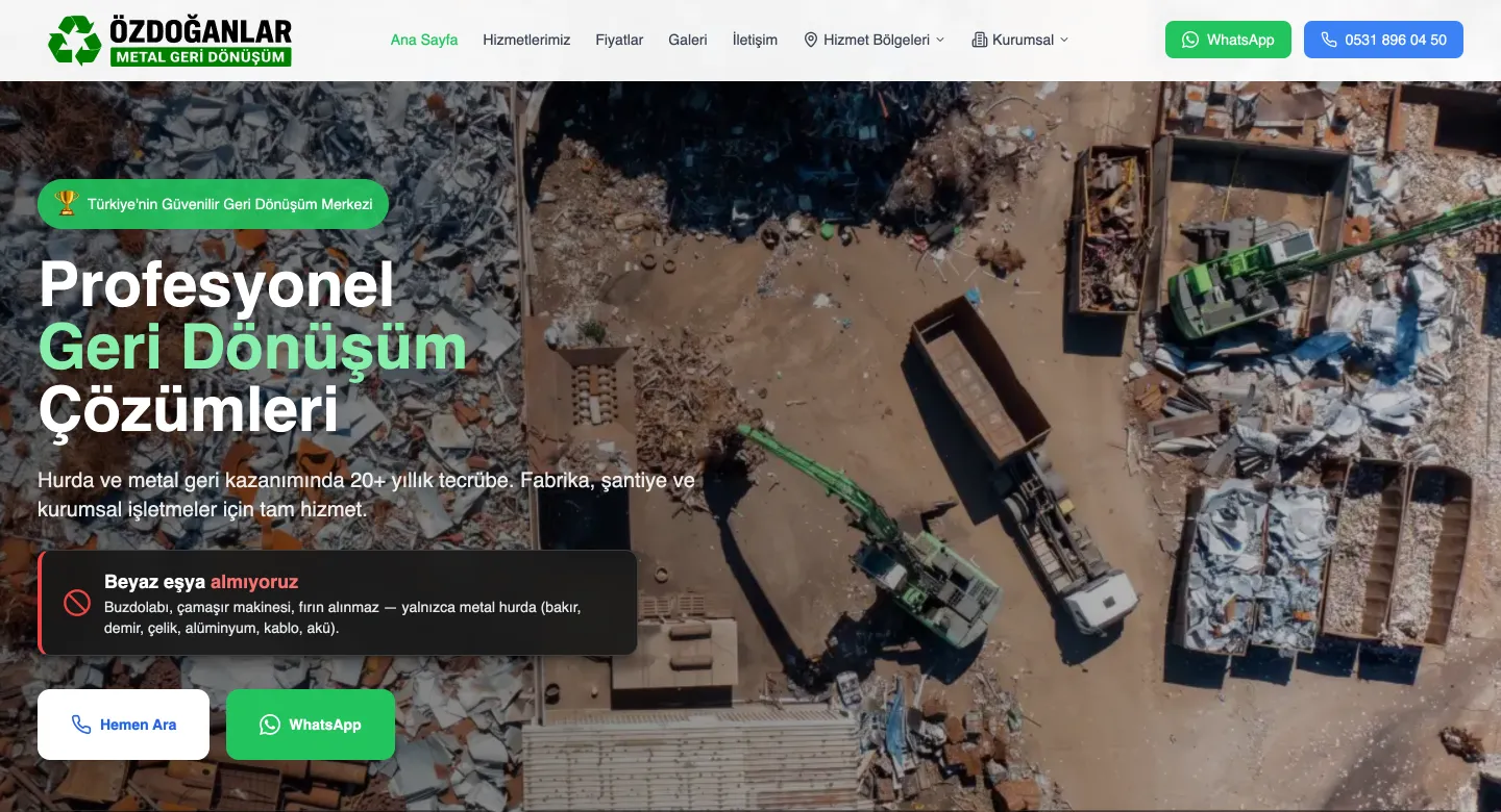 Özdoğanlar Geri Dönüşüm web sitesi ana sayfası